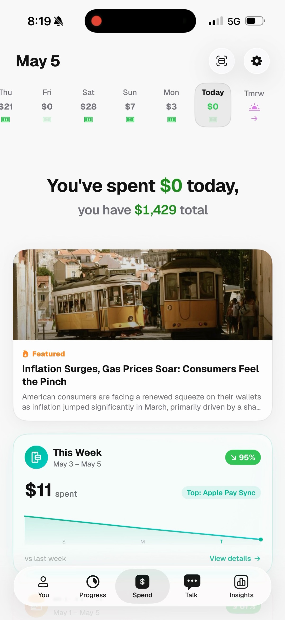 Smartr app — daily spending limit and recent transactions
